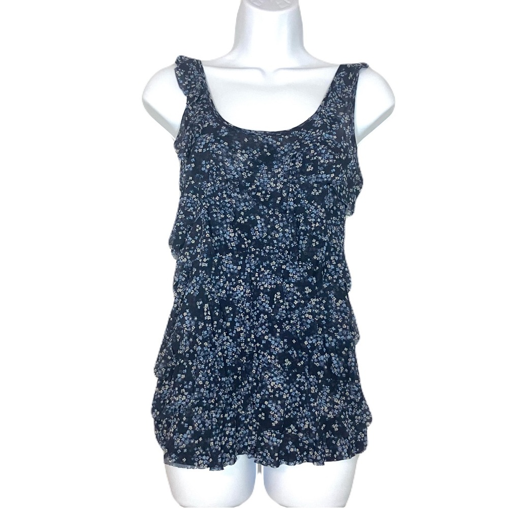 Express Dark Blue Floral Layered Ruffle Sleeveless Tank Top